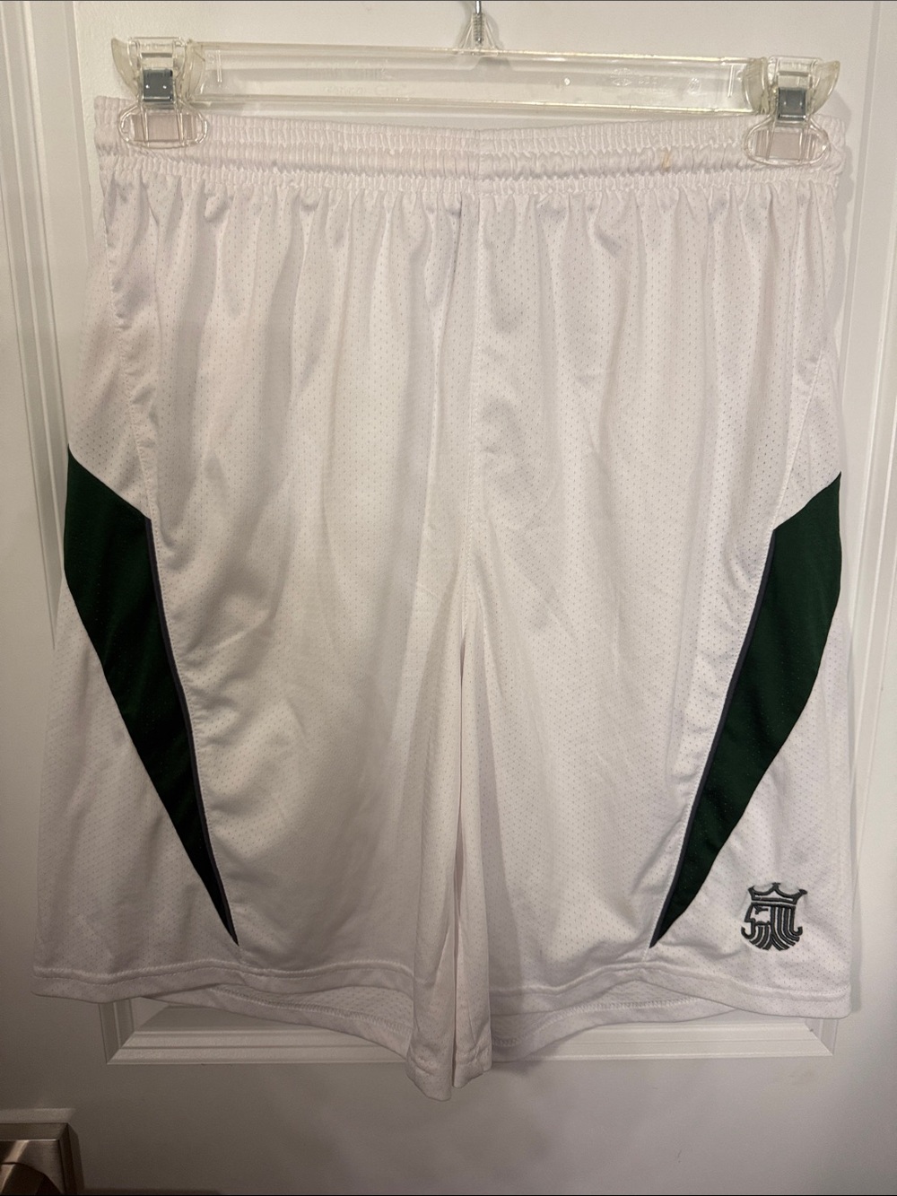 Men's White Athletic Shorts with Dark Green Accent Panels